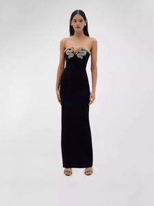 Sexy Strapless Rhinestone Evening Dress Women Black Snake Decoration Slim Fit Floor Length Bodycon Maxi Party Gown