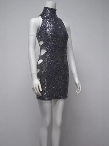 Sparkly silver sequin sleeveless mini dress with high neck and sexy side cut-outs