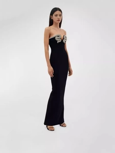 Elegant black strapless evening dress with snake-shaped rhinestone trim on the neckline