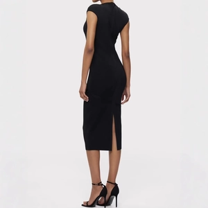 Slim fit black bandage dress with back slit and high neckline for formal events