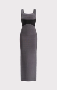 Gros plan sur le tissu extensible de la robe bandage avec détail bicolore gris et noir