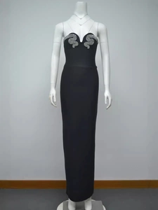 Elegant black bodycon evening dress with sweetheart neckline and silver snake rhinestone decoration