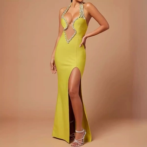 Robe Bandage Dos Nu avec Strass Découpe Sexy Fente Haute Dos Nu Moulante Robe Longue de Soirée Élégante Gown Femme