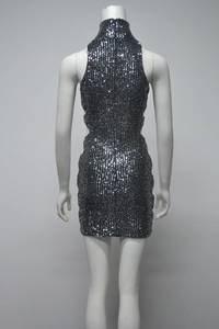 Detail of silver sequined mini dress featuring a slim fit cut and hidden back zipper