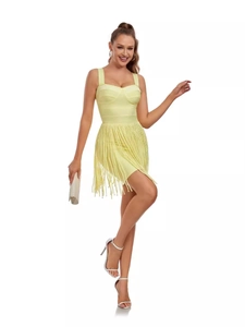 Women Sexy Bandage Fringe Mini Dress Sleeveless Bodycon Tassel Party Cocktail Evening Dress Slim Fit Clubwear