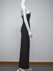Elegant black strapless evening gown with sparkling rhinestone neckline for party events