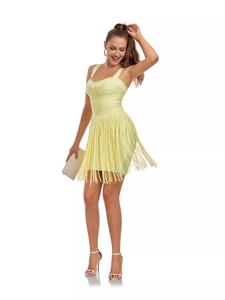 Chic light yellow bandage mini dress with long fringe tassels and spaghetti straps