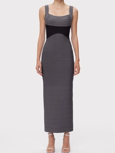 Robe Bandage Sexy pour Femmes Bloc de Couleur Sans Manches Col Carré Dos Nu Robe de Soirée Longue Moulante