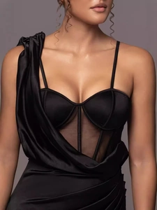 Elegant black corset dress with satin draping and sheer mesh panels for evening weddings
