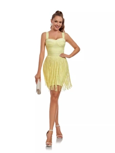 Sleeveless yellow bandage mini dress with tiered fringe tassels for a slimming fit look