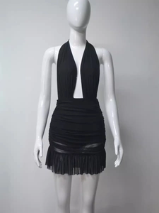 Elegant black halter mini dress with ruched details and tiered ruffle hemline for parties