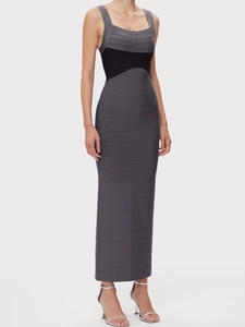 Robe longue bandage sans manches gris foncé avec des empiècements noirs à la taille
