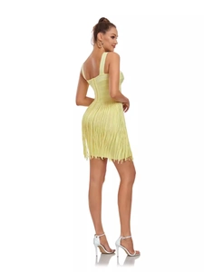 Elegant light yellow bandage mini dress with wide straps and long tassels for party wear