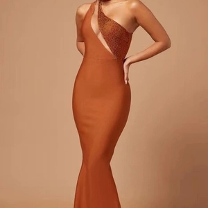 Women Sexy One Shoulder Cutout Bandage Dress Rhinestone Sleeveless High Neck Bodycon Fishtail Evening Party Maxi Dress