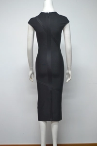 Detailed back view of a black bandage dress featuring a hidden zipper and midi length fit