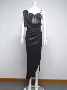 Elegant black strapless midi dress with mesh corset top and high slit satin skirt