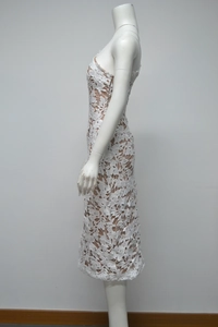 Detailed side view of elegant white floral lace dress with invisible zipper and lining