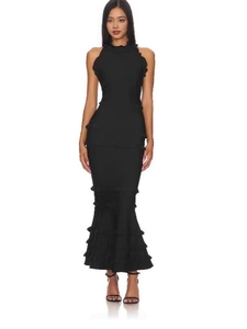 Women Sexy Backless Ruffle Layered Bandage Maxi Dress Slim Fit Fishtail Evening Party Dress Elegant Formal Gown