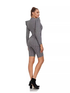 Women's 2-piece jacquard suit set with blazer and shorts in black and white maze pattern