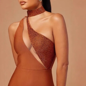 Sexy one-shoulder sleeveless bandage dress with sparkling rhinestones and choker neck
