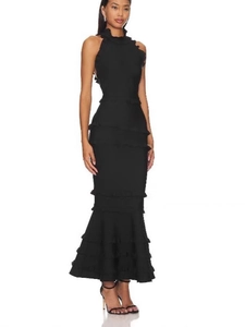 Elegant black backless halter neck tiered ruffle maxi evening dress for formal parties
