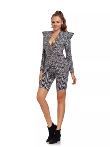 Women's two-piece black and white maze pattern suit with belted blazer and shorts