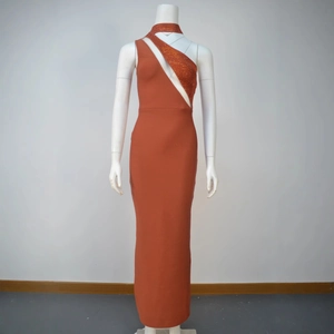 Elegant orange one-shoulder maxi bandage dress with rhinestones and cut-out detail