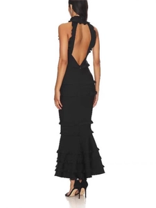Elegant backless black bodycon halter evening dress with a tiered ruffled mermaid hemline