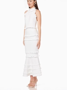 Elegant white sleeveless high neck evening dress with layered ruffle details for parties