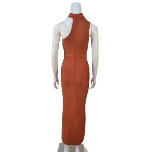 Elegant brick red one shoulder bandage dress with rhinestone high neck and open back
