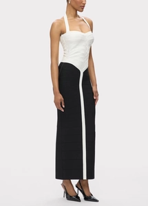 Detail of elegant black and white color block bandage dress with halter sweetheart neckline