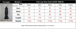 Size chart for mermaid bandage dress with pearl chain, featuring XS to XL measurements