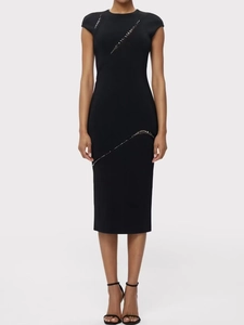 Elegant Black Rhinestone Bandage Midi Dress Women Sexy Sleeveless Round Neck Bodycon Party Evening Dress With Back Slit