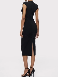 Sleeveless black bandage dress with back slit detail and slim fit silhouette