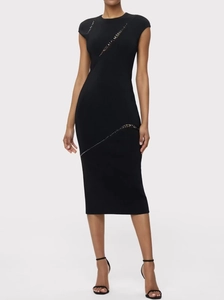 Elegant black sleeveless bandage dress with rhinestone cutouts and slim fit silhouette