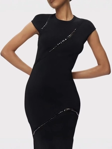 Slim fit black sleeveless bandage dress with rhinestone detailing and elegant crew neck