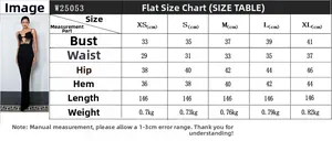 Detailed size chart for black V-neck bandage dress with bust and waist measurements