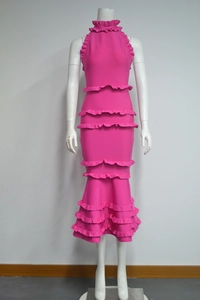 Detailed layered ruffles and fishtail hem of a sexy backless hot pink evening party dress