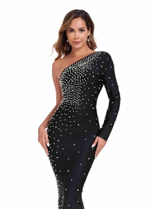 Élégante Robe de Soirée Noire à Une Épaule Perlée Sexy Bodycon Robe Longue Bandage pour Femmes Banquet Fête Mariage