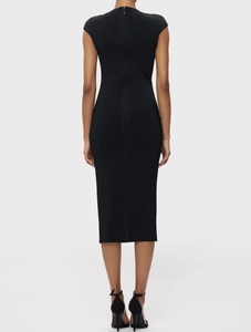 Slim fit black sleeveless bandage dress with round neck and back zipper detail