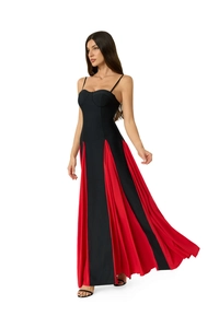 Detail of slim fit maxi dress with black corset bodice and red striped pleated skirt