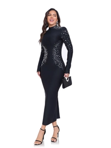 Elegant Black Rhinestone Bodycon Dress Long Sleeve Bandage Maxi Dress For Women Evening Party Formal Banquet Gown With Back Slit