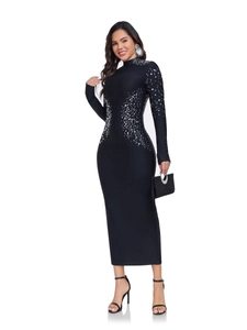 Elegant black bodycon bandage dress with rhinestones and long sleeves for parties
