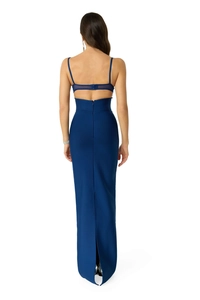 Back view of a navy blue bandage maxi dress with mesh panels and a high slit