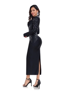 Elegant black long sleeve bandage dress with silver rhinestones and high slit