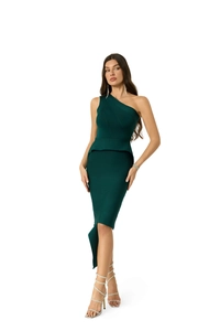 Detail of elegant dark green one-shoulder dress with peplum waist and slim-fit bodycon cut