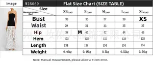 Size chart for strapless floral evening gown with bust, waist and hip measurements