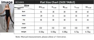 Size chart for strapless fringe bandage dress showing bust waist and length measurements