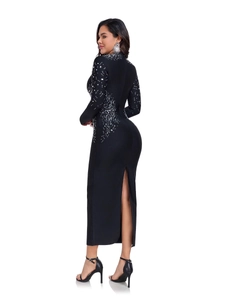 Elegant black long sleeve bodycon bandage dress with silver rhinestones and back slit