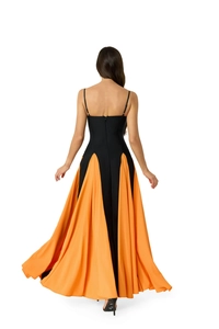 Detail of elegant backless design with thin straps and contrast pleated flowing hemline